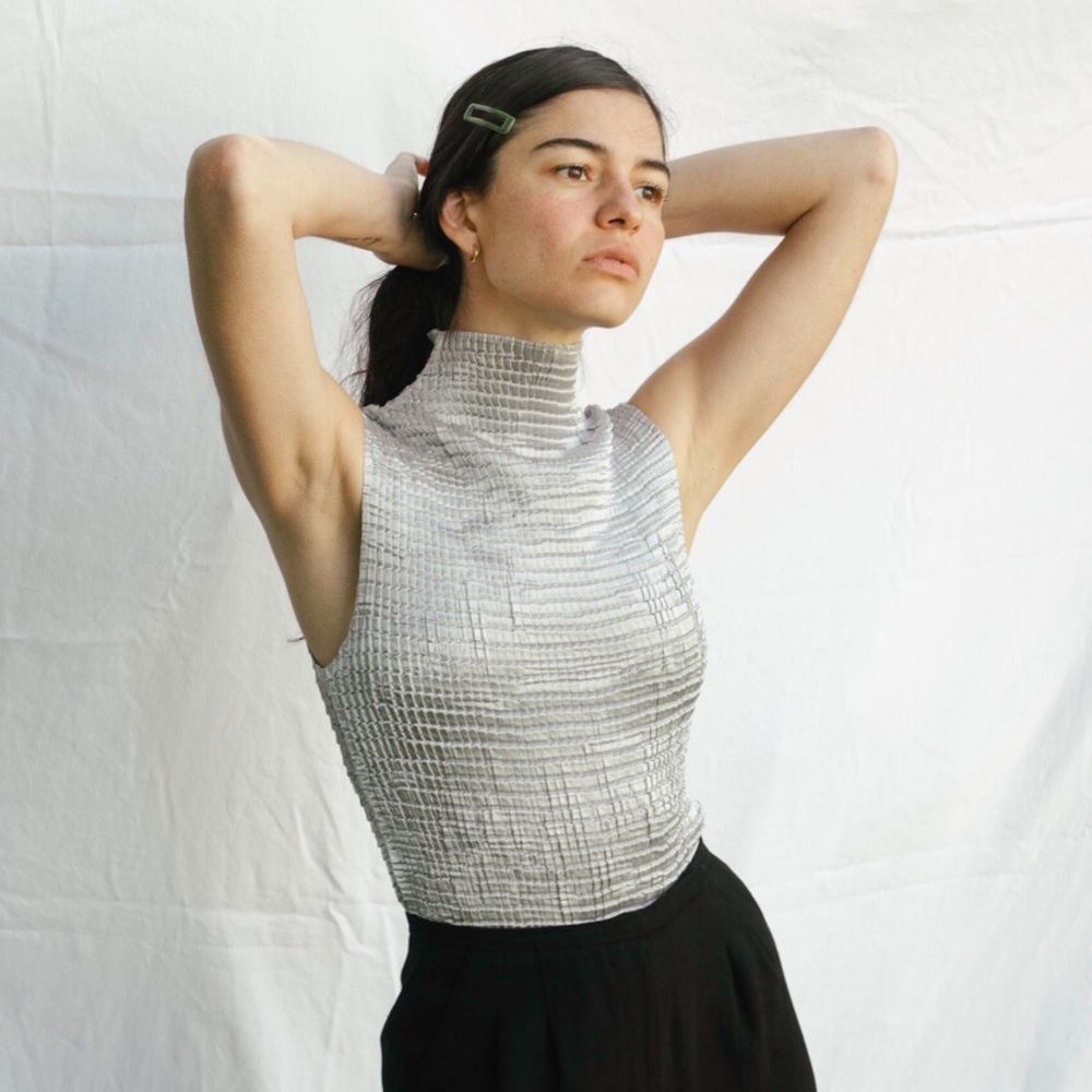 Incredible High Neck Pleated Silver Top